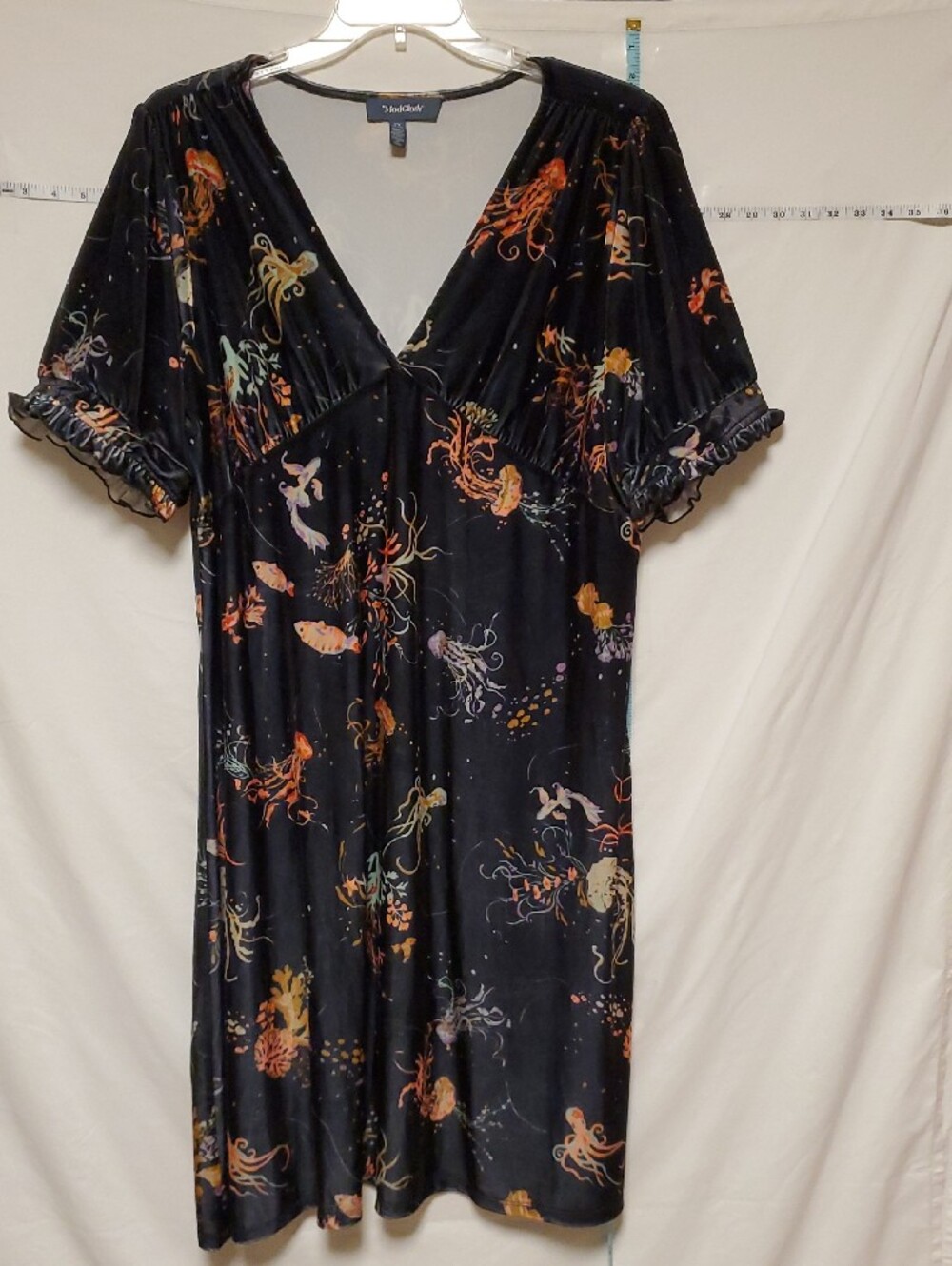 Modcloth Black Velvet Jellyfish & Sea Life V-Neck Dress 2x Whimsigoth Artsy Boho